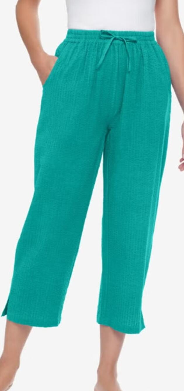 Woman Within Seersucker Pull On Drawstring Capri Pants Waterfall 30W Petite